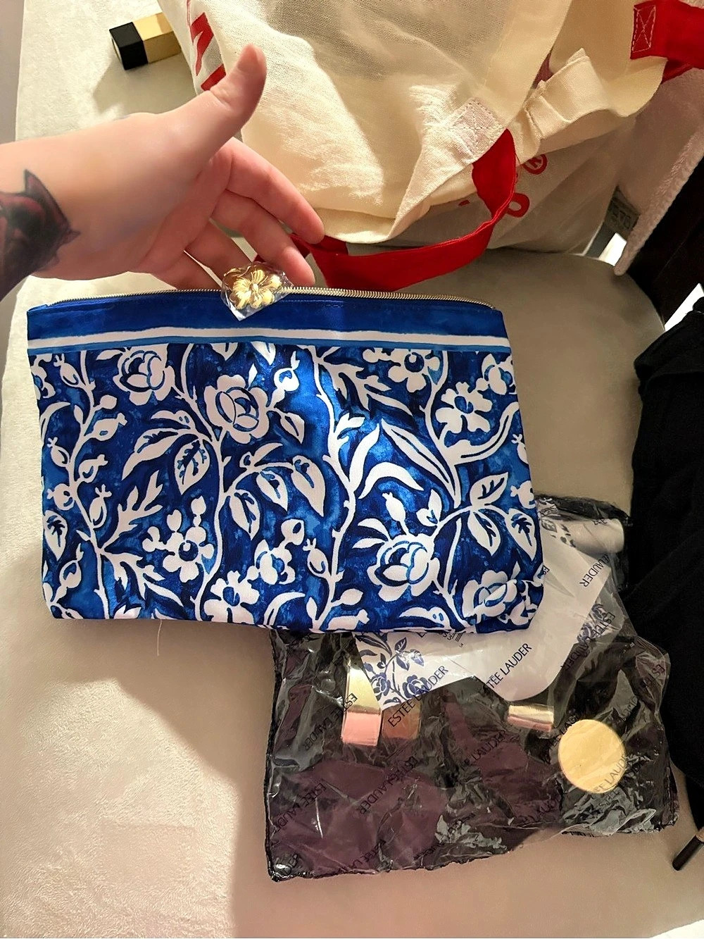 Estée Lauder Floral Cosmetic Pouch in Blue & White and cosmetics bundle